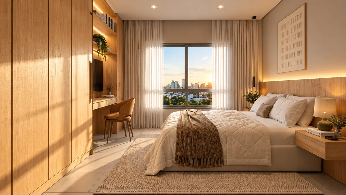 Perspectiva de dormitório com cama de casal, bancada e armários